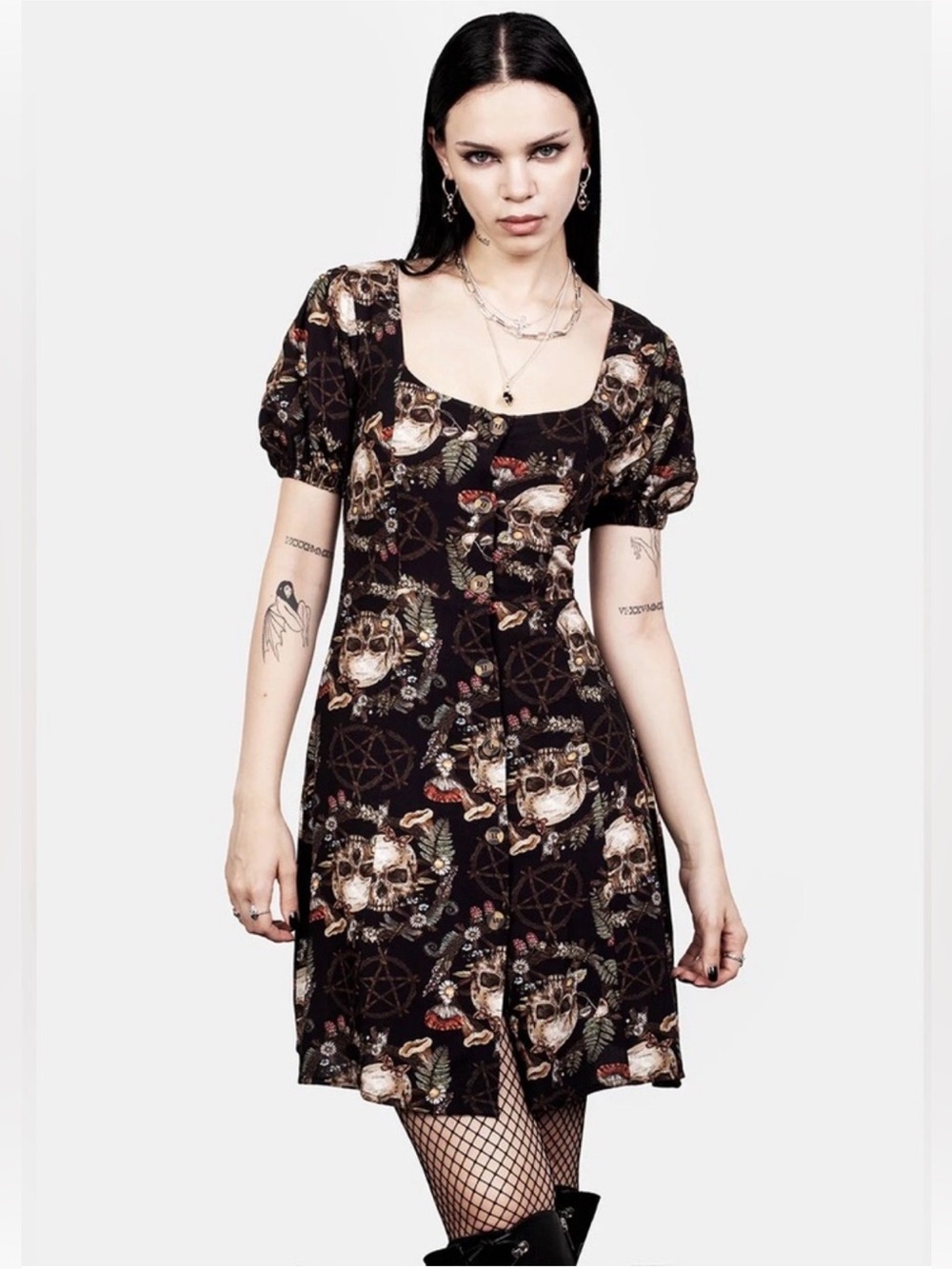 Disturbia Black Skull & Occult Print Puff Sleeve Mini Dress